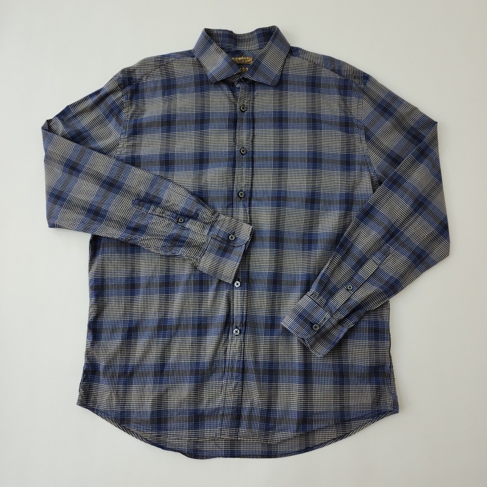 Blue Pronto Uomo Slim Fit Plaid Button Down Shirt Mens XL 100% Cotton‎ Long